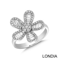 0.88 ct Baguette Diamond Flower Ring in 18k Gold / Fashion Emerald and Round Cut Diamond Ring / Design Ring / 1115793 - 2