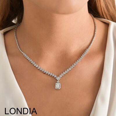 1.44 ct Diamond Necklace / 14K Gold Emerald and Round Cut Diamond Pendant / Baguette Diamond Unique Necklace / 1115385 - 1