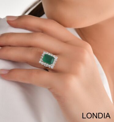Natural Emerald Origin of Tanzania and Natural Round Diamond / 18k Solid Gold / Design Ring / 1108418 - 3