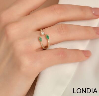 Lina Fashion Ring / 14K Gold Ring / 0.20 ct Emerald and 0.24 ct Diamond Ring / Marquise Shaped and Round Diamond Ring / 1129259 - 3