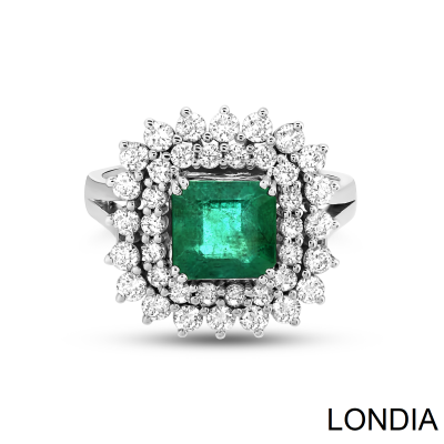 Natural Emerald Origin of Tanzania / Emerald Cut Emerald Ring With Surrounding Diamond / 18k Solid Gold/ Design Ring 1109665 - 1