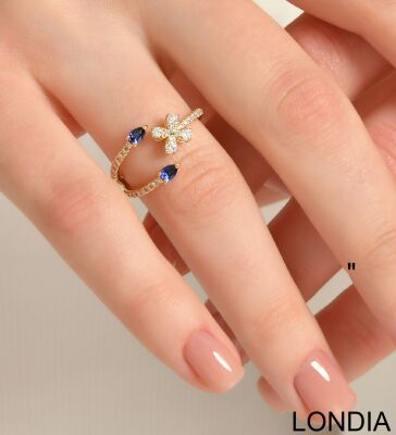 Diamond Ring / Lina Fashion Ring / 14K Diamond Ring / 0.26 ct Sapphire and 0.30 ct Diamond Stone Ring / Pear and Clover Shaped Diamond Stone Ring 1129260 - 3